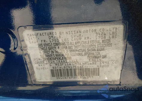 2019 Nissan Versa 1.6 Sv from USA, damaged, VIN 3N1CN7APXKL816399